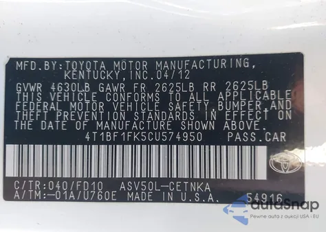 2012 Toyota Camry Le из США, поврежденный, VIN 4T1BF1FK5CU574950